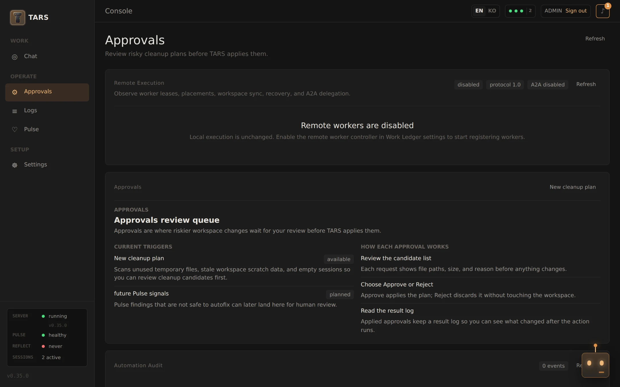 TARS console Approvals page showing the review queue, what triggers an approval, and the Remote Execution panel