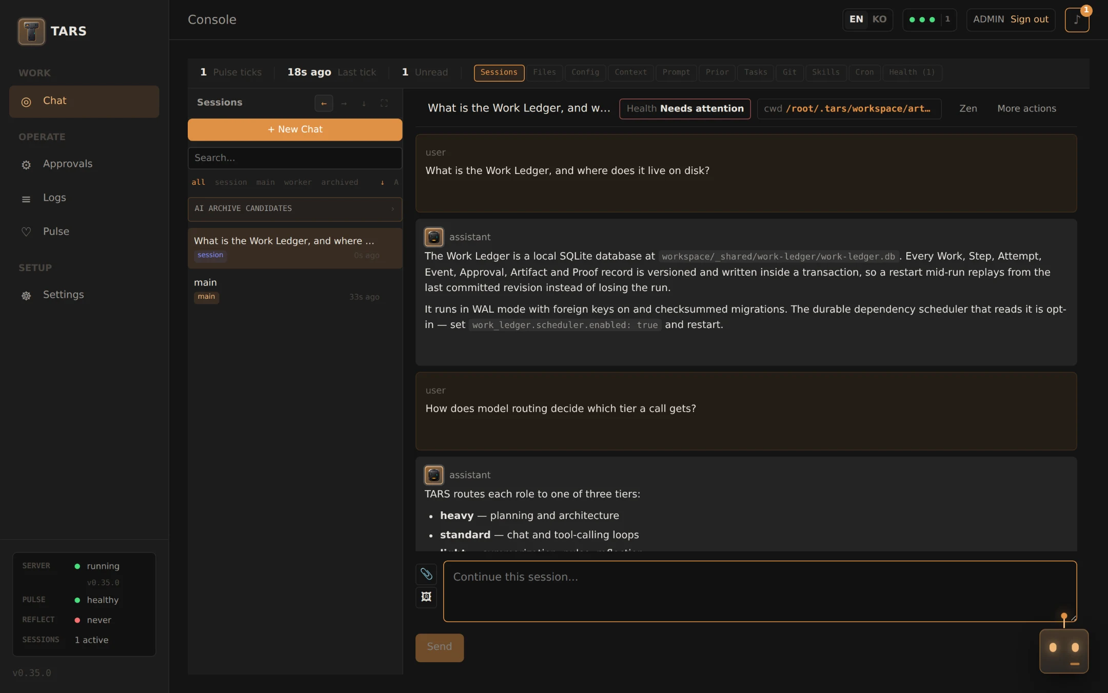 TARS console Chat page: session list on the left, a two-turn conversation in the middle, dockable panel tabs across the top