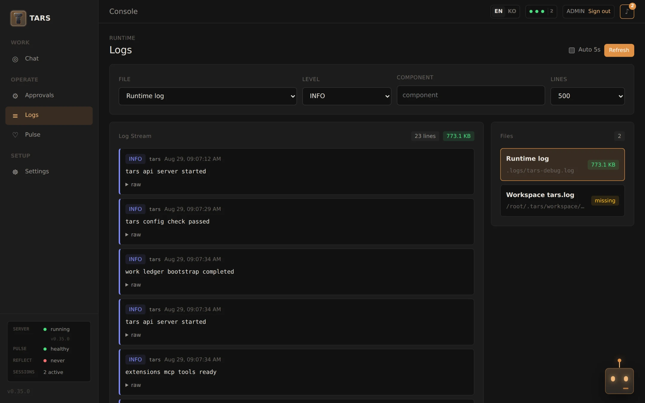 TARS console Logs page tailing the runtime log filtered to INFO level
