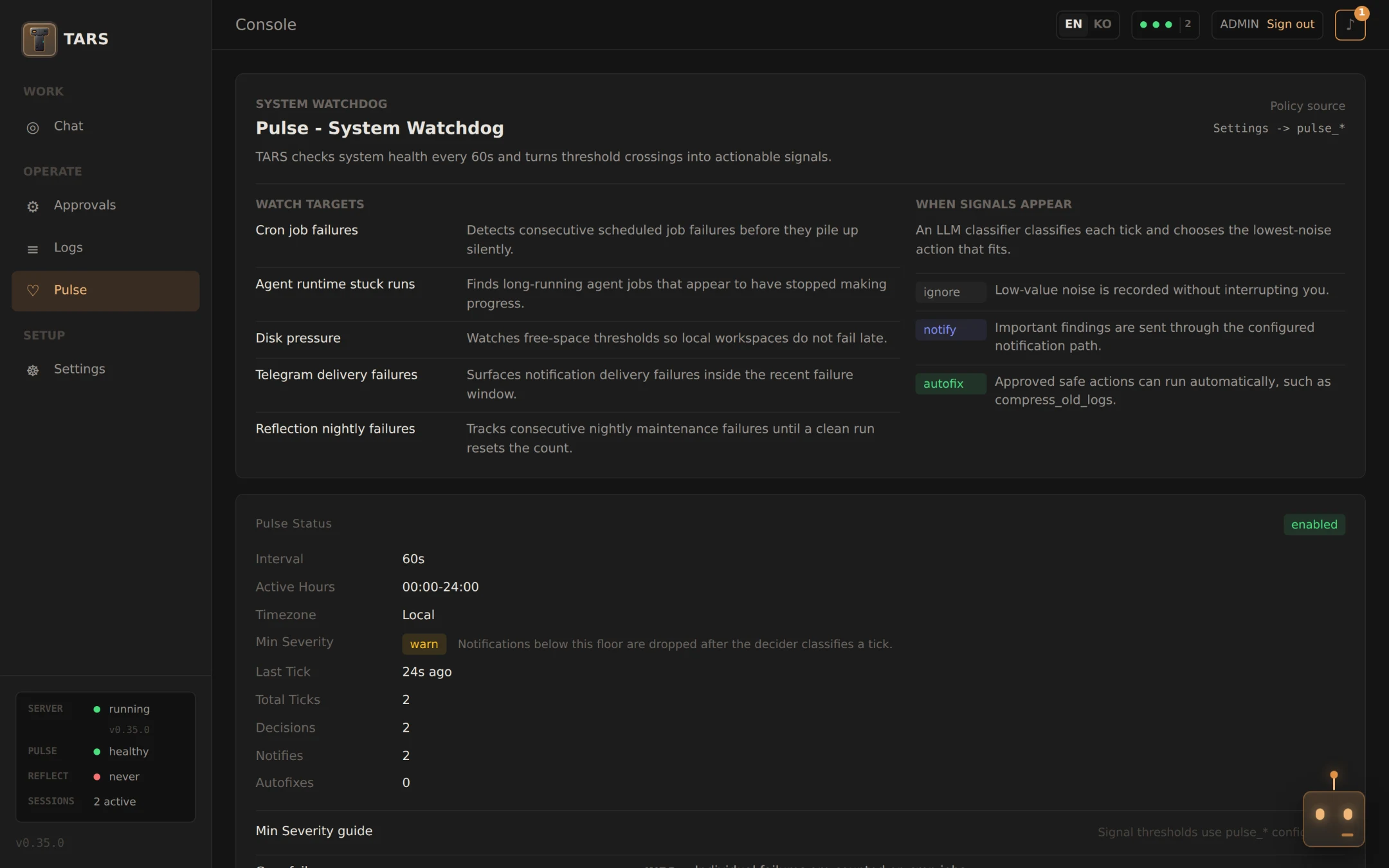 TARS console Pulse page listing watch targets, the ignore/notify/autofix actions, and current watchdog status