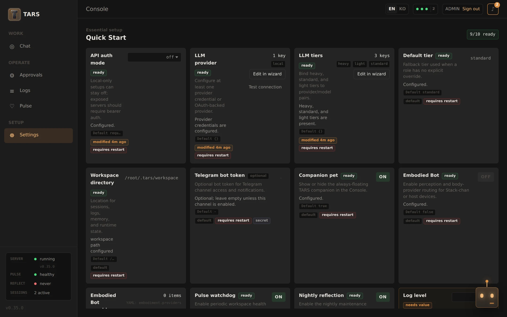 TARS console Settings page showing the Quick Start readiness cards, 9 of 10 ready